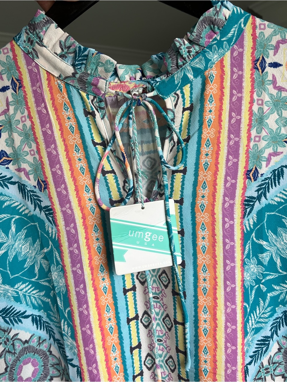 Umgee Teal & Multi-Color Floral Ruffle Tie-Neck Mini Dress - Picture 5 of 11
